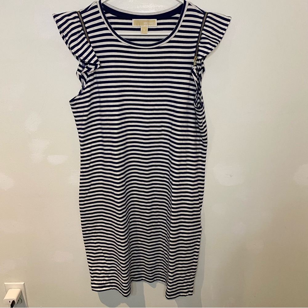 Michael Kors Women’s M Navy/White Striped Knee Length Dress Zippered Sleeve